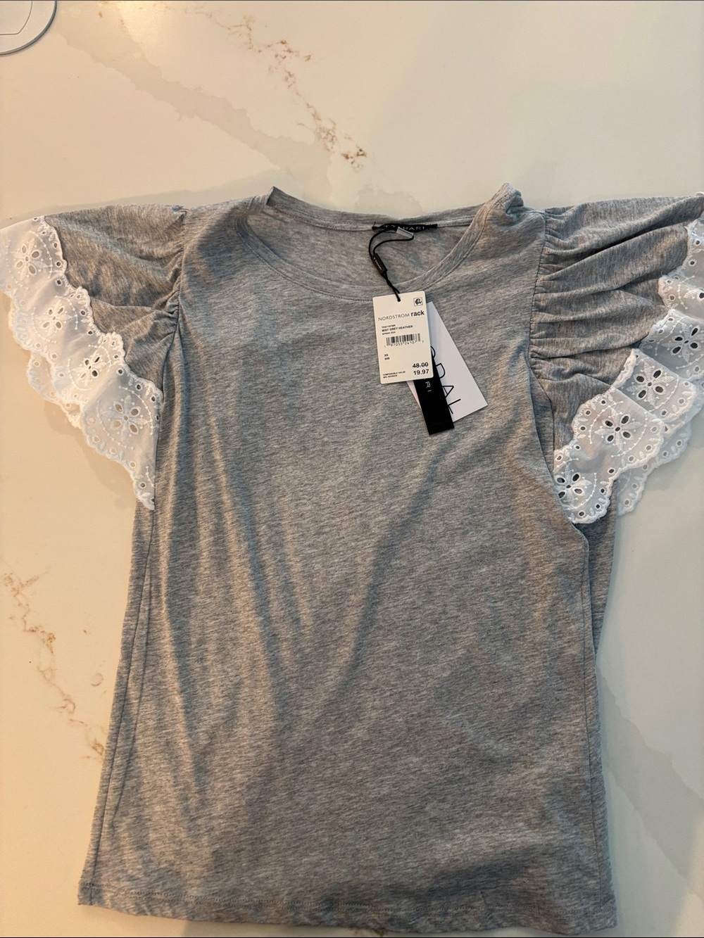 Women's Gray Tee with Eyelet Ruffle Sleeves